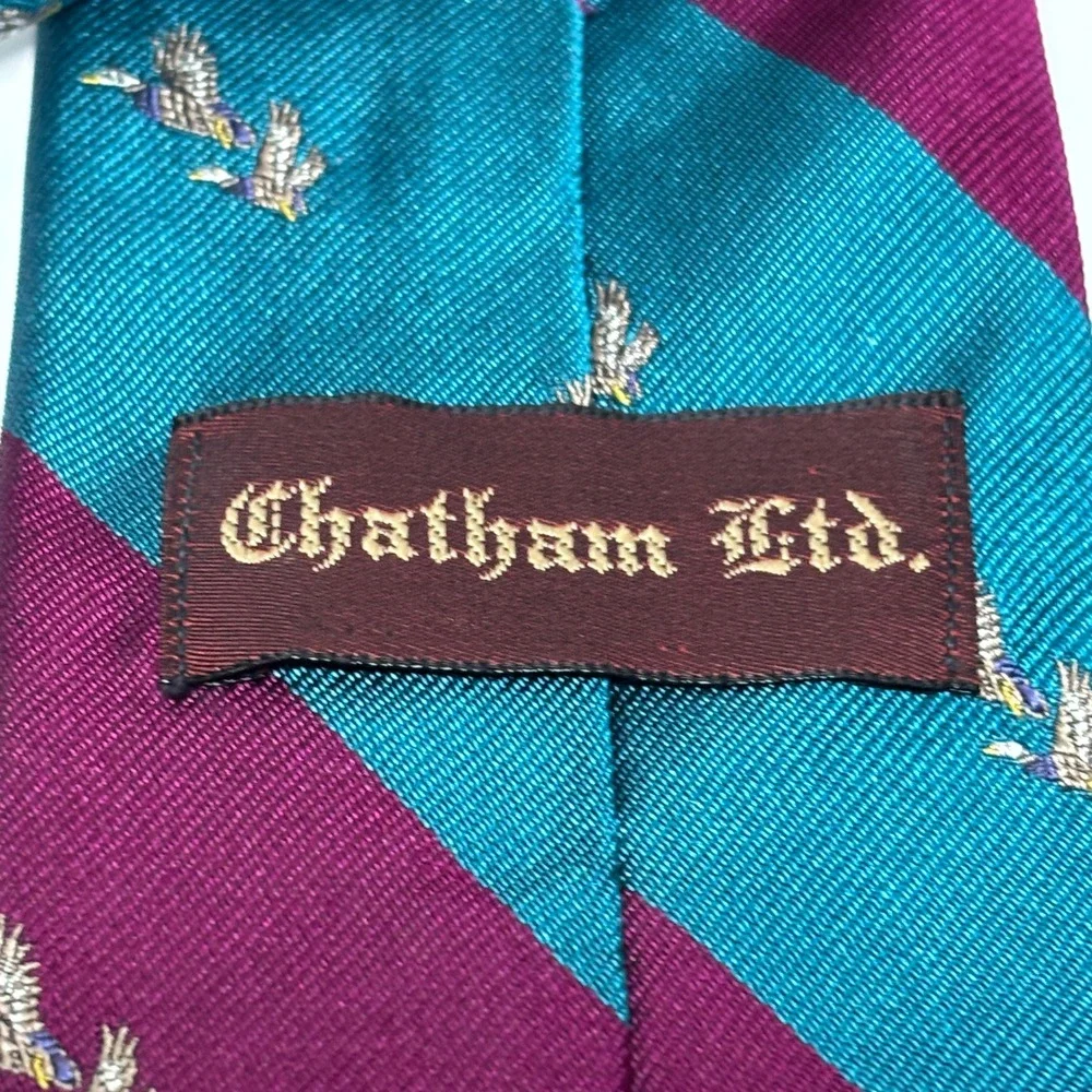 Chatham Ltd Necktie‎ Mens OS Teal Burgundy Mallard Duck Stripe Silk Handmade